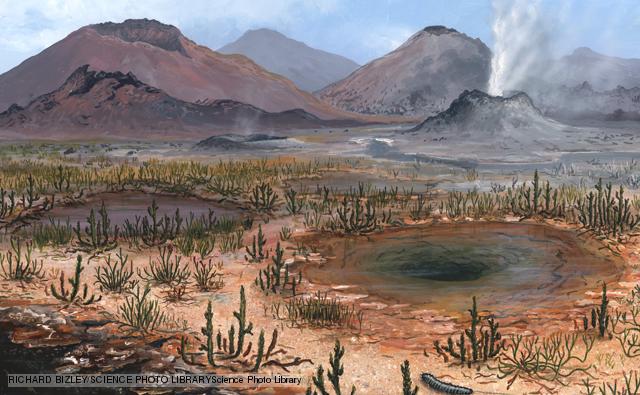 Late Devonian landscape. Artwork of wetland plants, and fumaroles during the ate Devonian Period (385 to 360 million years ago). The plants shown here include club mosses such as Aglaophyton. Bacterial mats (orange) surround the hot pools. A large millipede is at lower right.